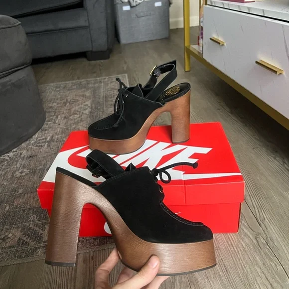 NWOT Vince Camuto Inerta Leather High Heel Platform Slingback Black Clog - Picture 4 of 7